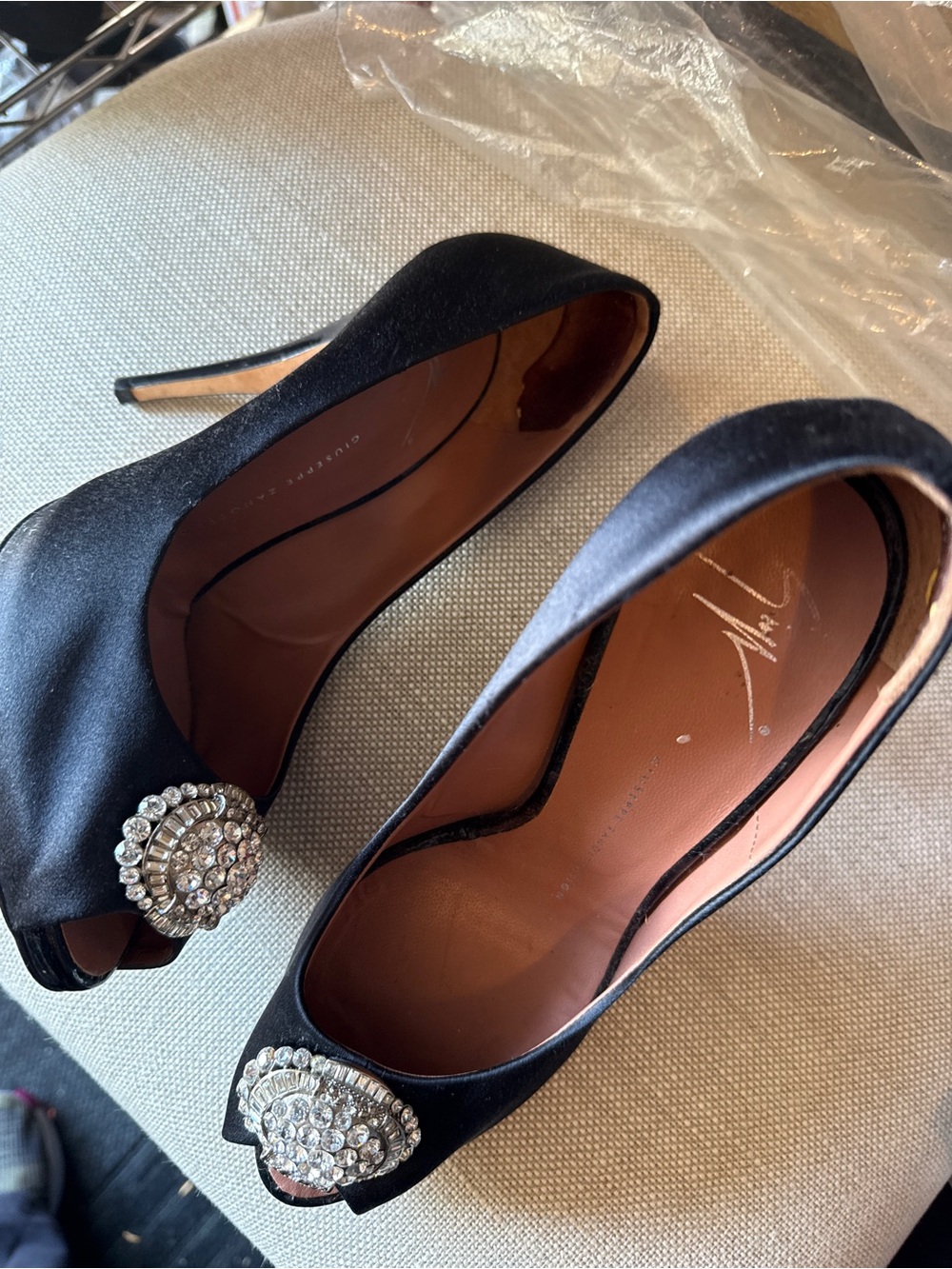 Giuseppe  Zanotti Black Satin Peep-Toe Heels with Crystal Brooch